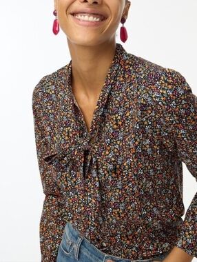 J. Crew Black Floral Tie-Neck Blouse Small